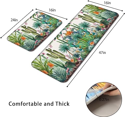 Set of 2 Cactus Marble Tropical Green Succulent Cacti Plants Kitchen Mat