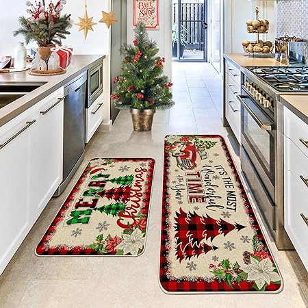 Set of 2 - Red Buffalo Plaid Christmas Kitchen Decor 17"x27+17"x47"