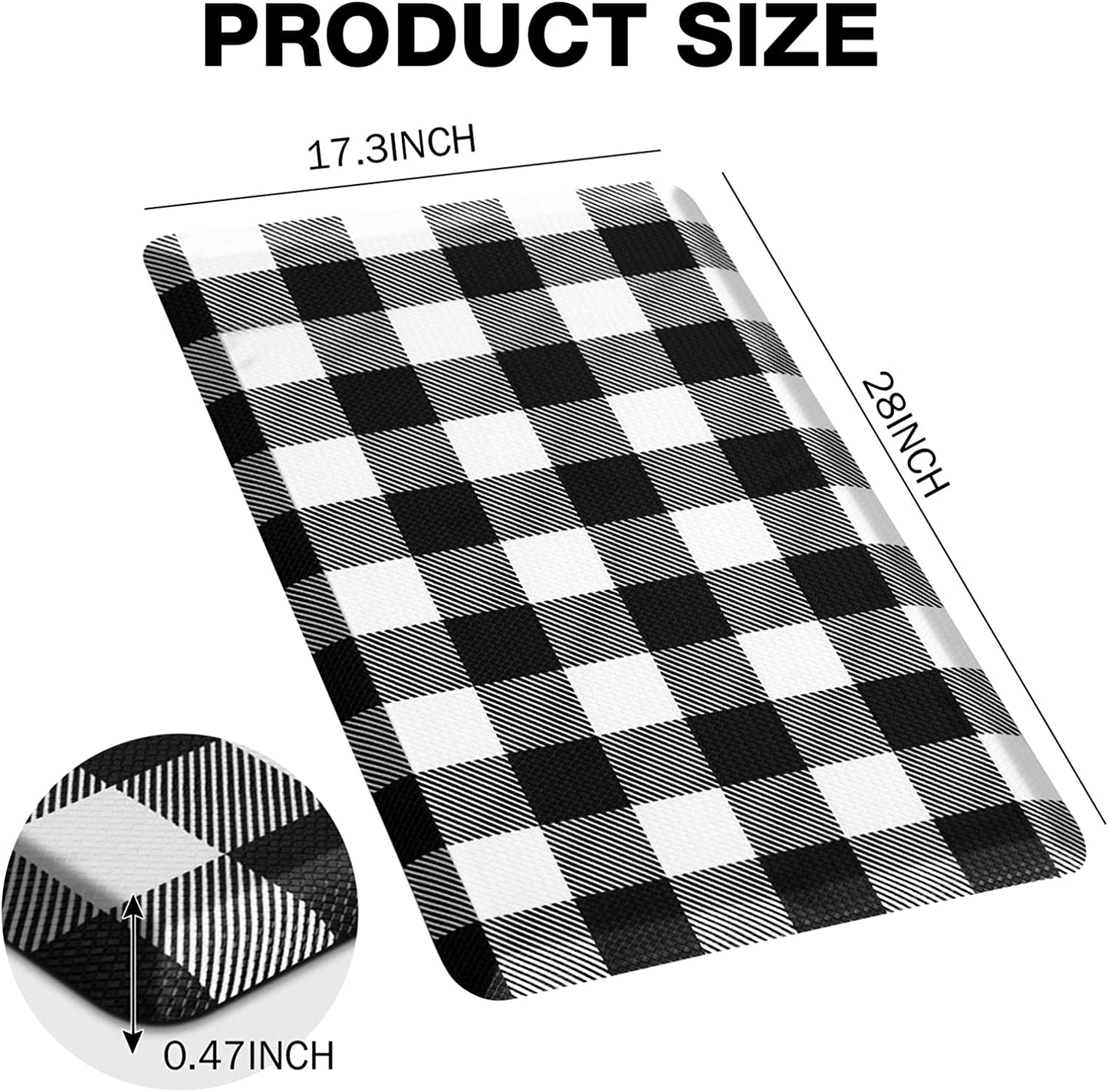 Anti Fatigue Cushioned Black and White Buffalo Plaid Non-Skid & Waterproof Ergonomic Comfort Standing Desk Mat - 17.3"x28"