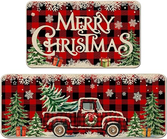 Christmas Farmhouse Truck Red Buffalo Plaid Christmas Kitchen Decor, 17"x27+17"x47"