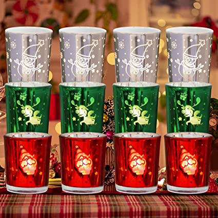 Set of 12 Glass Christmas Votive Candle Holders