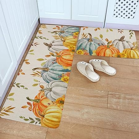Non SlipTeal Golden-Yellow Pumpkins Fall Maple Leaf Botanical Anti-Fatigue Kitchen Rugs Set of 2,