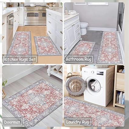 Grey Comfort Kitchen Floor Carpet Runner for Laundry, 17”x28”+17”x47”