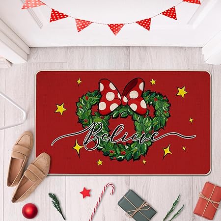 Non-Slip Christmas Believe Mouse Wreath Red Decorative Front Door Mat, 17x29 Inch