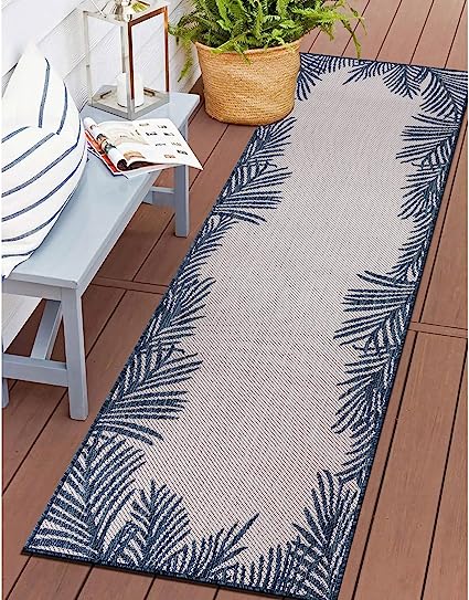 Tropical Floral Palm Leaves Textured Flat Weave Easy Cleaning Outdoor Rugs