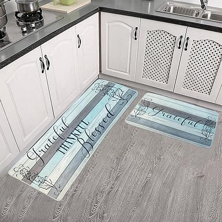 Set of 2 Non-Slip Grey Kitchen Farmhouse Rugs 16 x 31.5 in +16 x 47.3 in (Black Rugs)