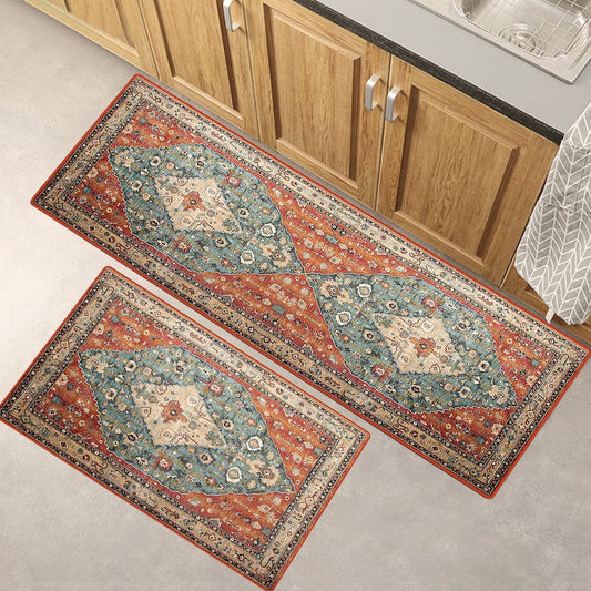 2 PCS Boho Super Non-Slip, Non Skid Washable Kitchen Rugs and mats - (17"x 47" and 17"x 30")