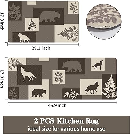 Vintage British Kitchen Rugs Non Slip Sets of 2, Cushioned Anti Fatigue Kitchen Mats for Floor 2 Piece, Beige Runner Rugs Non Skid Washable, 17"x47"+17"x29"