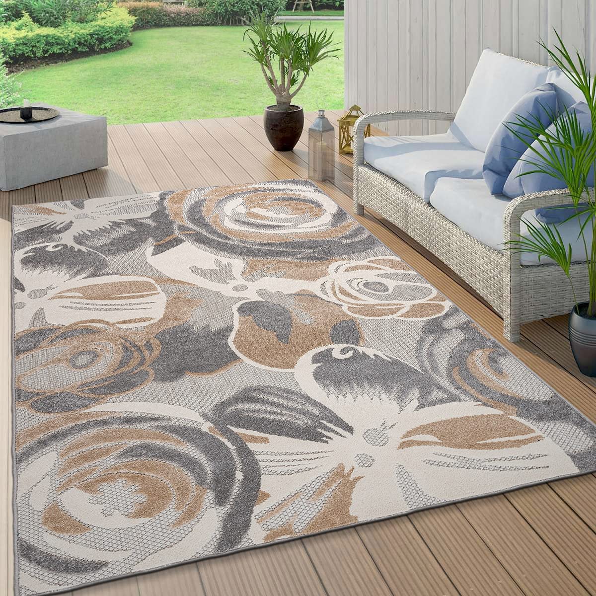 Ravenna Modern Large Floral Flowers Indoor/Outdoor Runner Rug Gray
