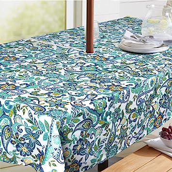 Medallion Outdoor Tablecloth with Umbrella Hole - Water Resistant Spillproof Table Cover (Zippered - 60" x 60" Square, Light Green)