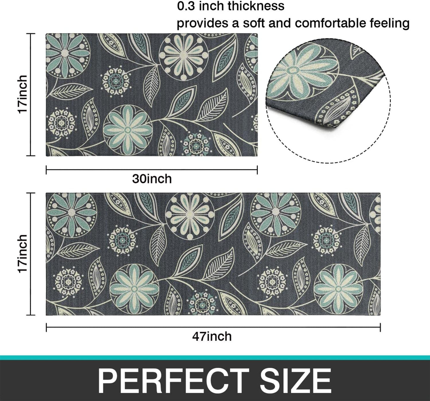 2 Pieces Natural Rubber Boho Kitchen Mats (17" Wx30 L+17" W x 47" L Palm Tree Leaves)