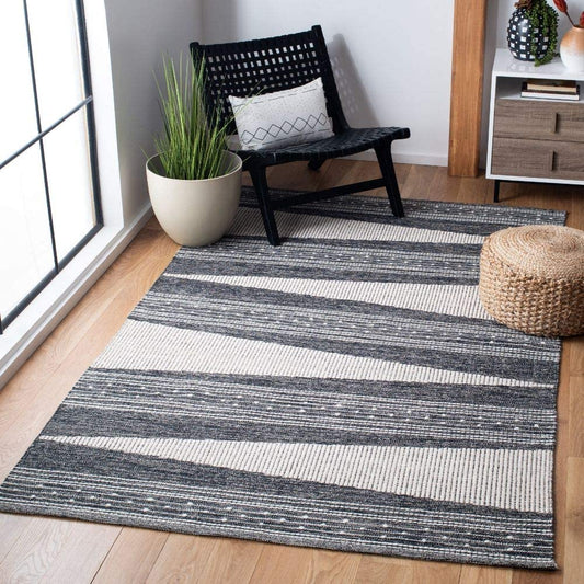 Striped Kilim Collection Handmade Flat weave Cotton Soft Area Rug Black / Ivory