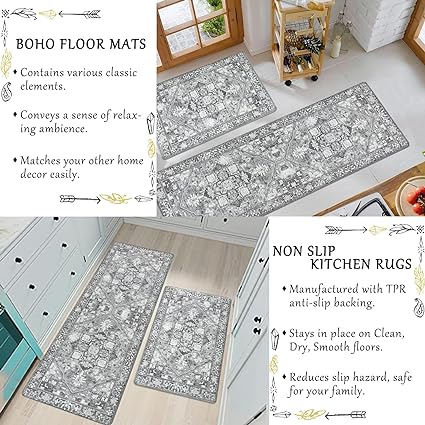 Grey Comfort Kitchen Floor Carpet Runner for Laundry, 17”x28”+17”x47”