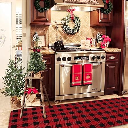 Non-Slip Washable Low-Profile Winter Xmas Buffalo Plaid Kitchen Mats Set of 2, 17"x47"+17" x30"