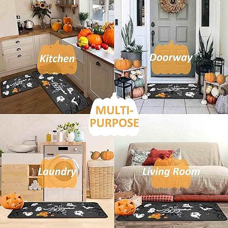 Non Slip Backing Halloween Kitchen Rug Set of 2 (Black, 17"x47"+17"x30")