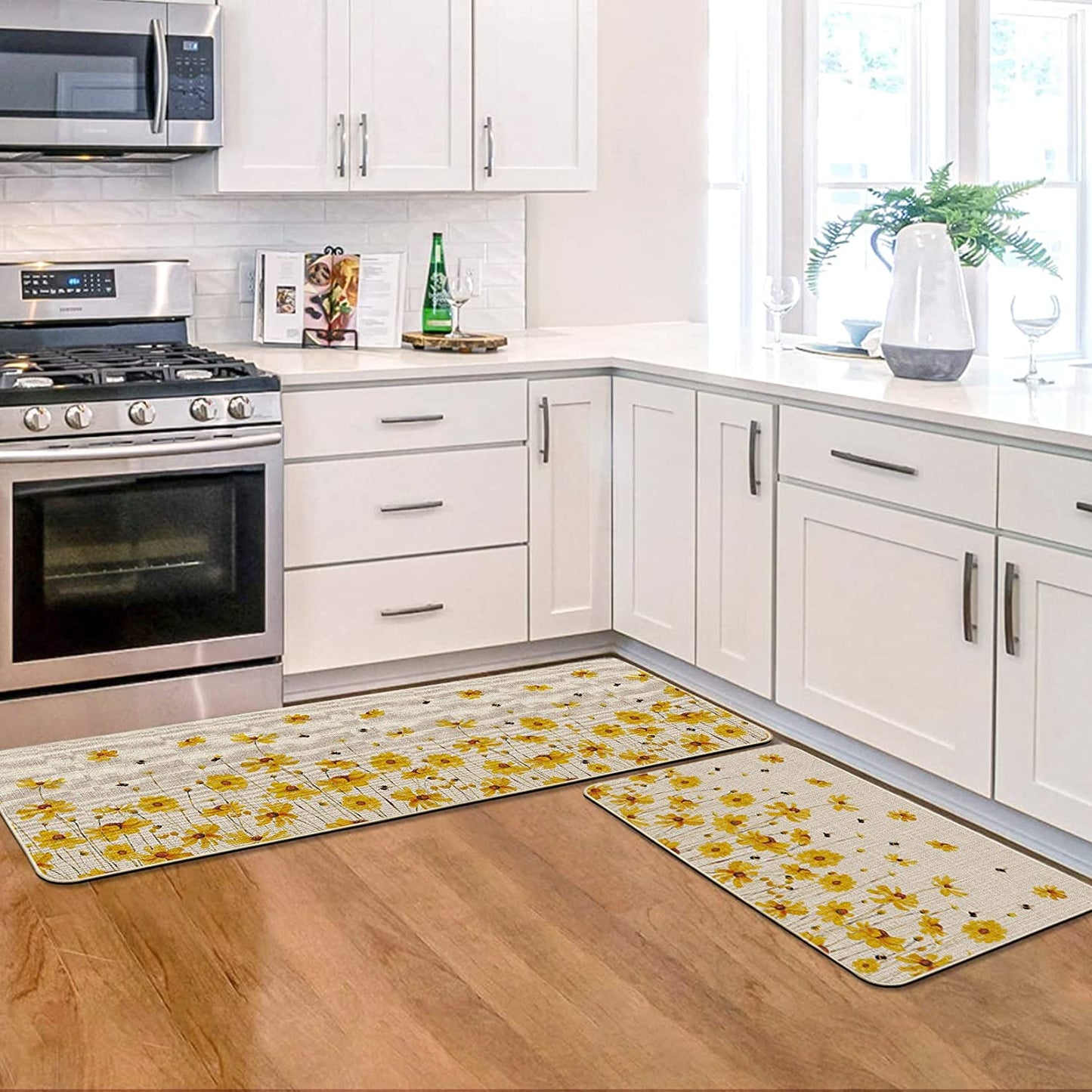 Set of 2, Yellow Flowers Bee Spring Summer Home Decor Low-Profile Kitchen Rugs 17x29 and 17x47 Inch