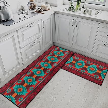 Mid Century Boho Home Kitchen Rugs and Mats Non Skid Washable Set of 2,