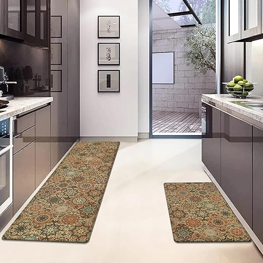 Sets 2 Piece,Cushioned Anti-Fatigue Anti Skid Crimson Tile Waterproof Kitchen Rug, 17.3"x30"+17.3"x59"