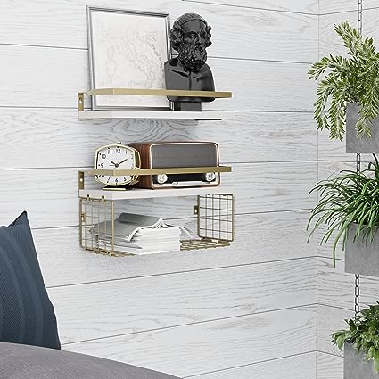 Home Decor Floating Shelves with Towel Bar/Hooks, (Gold-White)