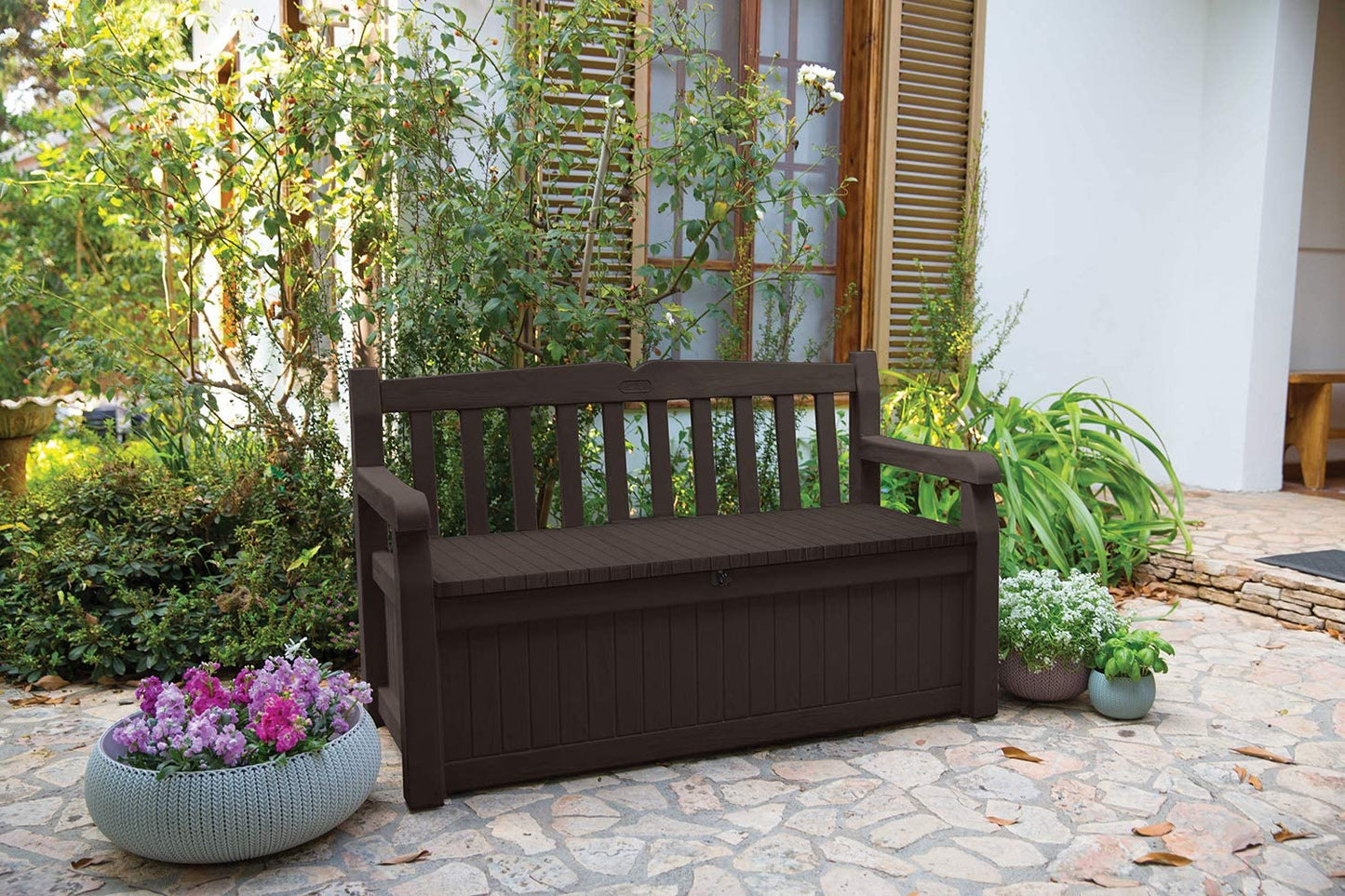 Solana 70 Gallon Storage Bench Deck Box for Patio Furniture, Front Porch Decor and Outdoor Seating – Perfect to Store Garden Tools and Pool Toys, Brown