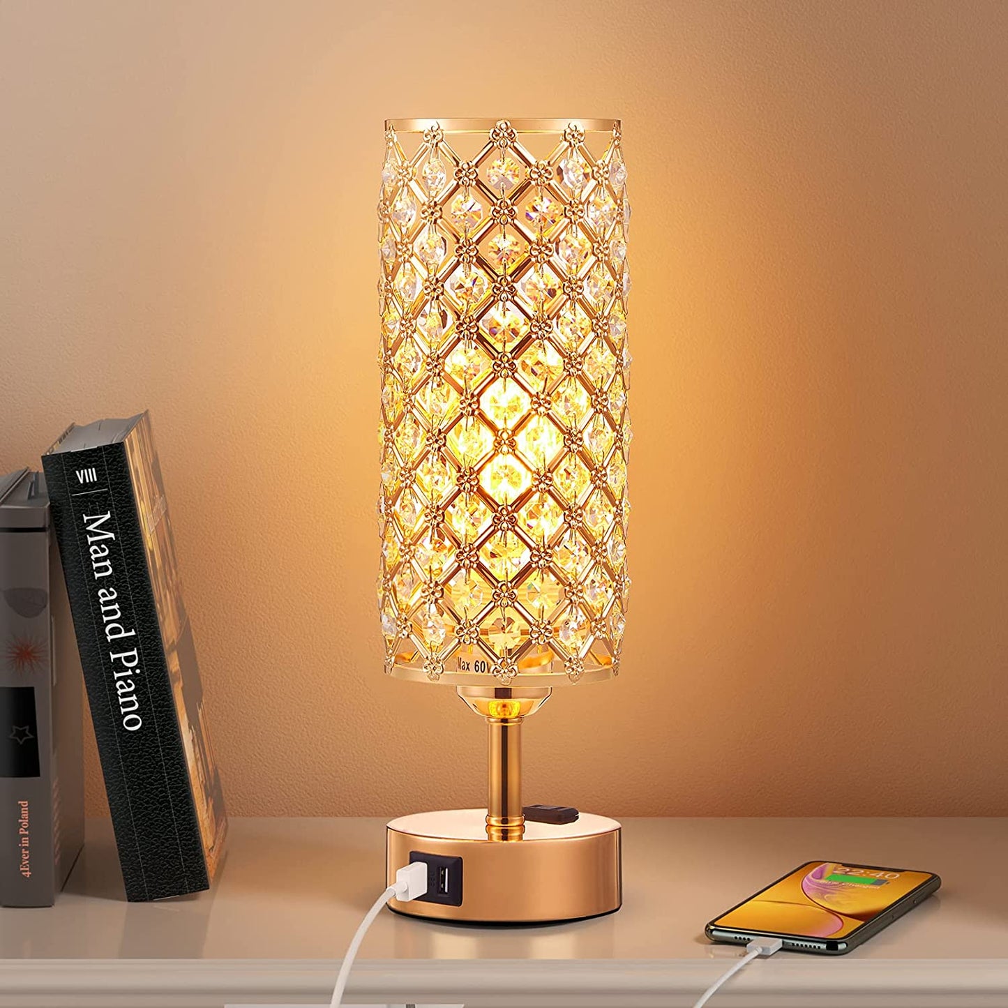 tuba Crystal Touch Control Table Lamp with Dual Fast Quick USB Ports Acaxin 3-Way Dimmable Accent Bedside Light with Bulb