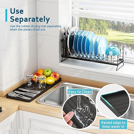 Compact Dish Rack for Kitchen Counter with Silicone Dish Drying Mat, Stainless Steel Dish Drainer for Kitchen Sink, Space Saving Plate Rack Cutlery Holder, Black