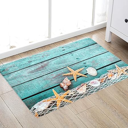 Sponge Foam Absorbent Soft for Bathroom and Kitchen Flannel Mat  (30X17 inches), Non Slip Bright 3D Print for Bedside and Living Room(Starfish on Blue Wooden Board)