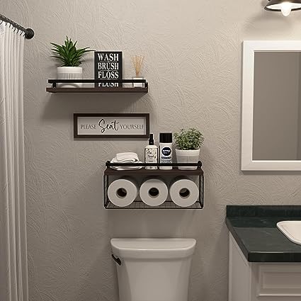 Floating Shelves with Wall Décor Sign, Bathroom Shelves Over Toilet with Wire Storage Basket, Wood Wall Shelves with Protective Metal Guardrail– Black