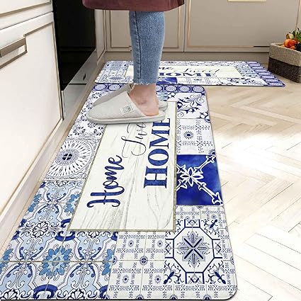 Set 2 Pieces,0.4 Inches Thick Non Slip Kitchen Rugs and Mats Teal Wood Cushioned Anti Fatigue Floor Mat Waterproof Comfort Standing Runner Sink Rug,17.3 x 28+17.3 x 47 Inch