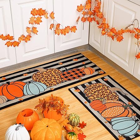 2 Pcs Thanksgiving Pumpkin Non Slip Seasonal Autumn Maple Leaves Striped Floor Mats, 17.7x29.5 and 17.7X 47.2 Inch