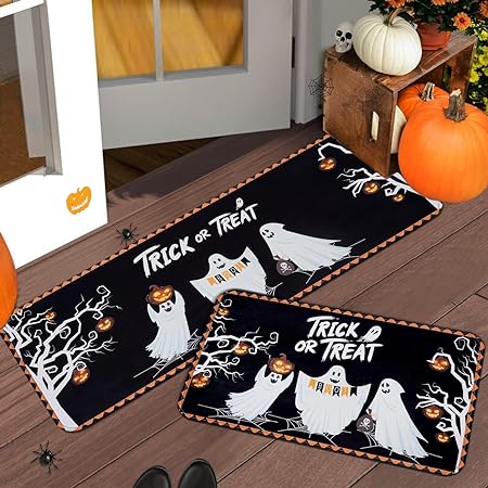 2 PCS Non Slip Halloween Decor Checkered Kitchen Floor Mats, 17x30 and 17x47 Inch