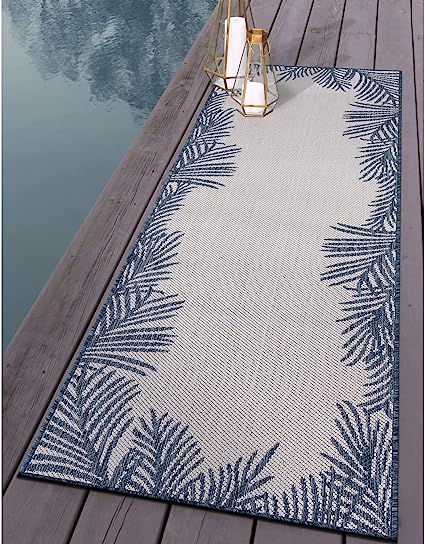 Tropical Floral Palm Leaves Textured Flat Weave Easy Cleaning Outdoor Rugs