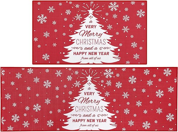 Non-Slip Decorative Xmas Holiday Snowflake and Christmas Deer Kitchen Mat 2 Pieces, 17"x29"+17"x47"