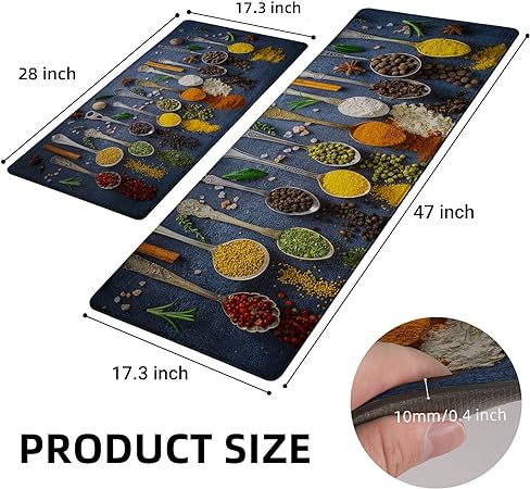 Set 2 Pieces Artistic Colorful Non Slip Anti Fatigue Kitchen Rugs Comfort Standing Mats, 17.3" x 28" + 17.3" x 47"