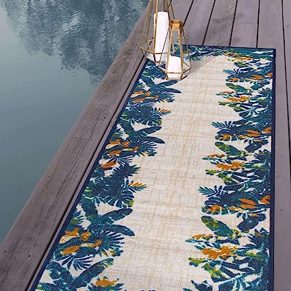 Contemporary Floral Border Non-Shedding Outdoor Rugs - 2' x 7' (Multi)