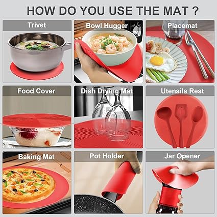 Microwave Mat & Food Cover- 10“ Mat as Bowl Holder, Multi-use: Silicone Trivet, Utensils Rest for Kitchen Counter