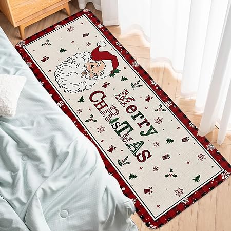 Set 2 Pieces Cute Santa Claus Decor Red Black Buffalo Plaid Non Slip Washable  Kitchen Rugs, 15.7" x 23.6"+15.7" x 47.2"