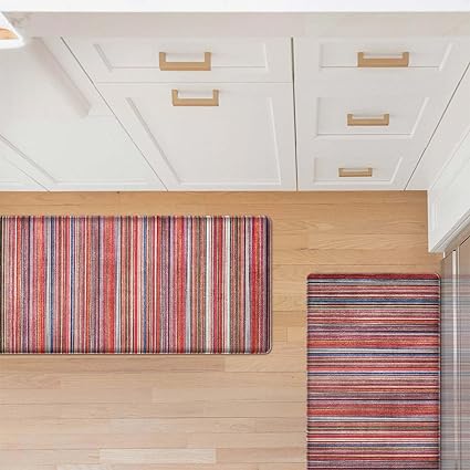 Colorful Stripe Anti Fatigue Non Slip Comfort Cushioned Standing Mat, 17"x47"+17"x30"