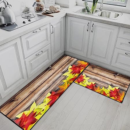 Wooden Board Vintage Kitchen Mats Autumn Maple Leaves Non Skid Washable Set of 2,