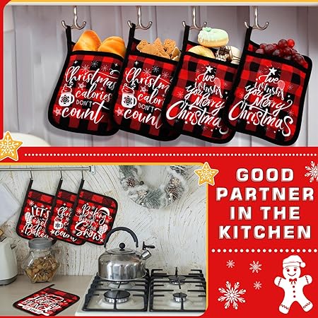 Machine Washable Heat Resistant Christmas Pot Holders with Pocket Xmas Funny Pot Mat, (Black,6 Pieces)