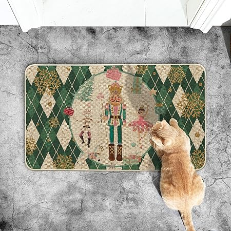 Green Diamond Plaid Nutcracker Christmas Doormat, 17x29 Inch