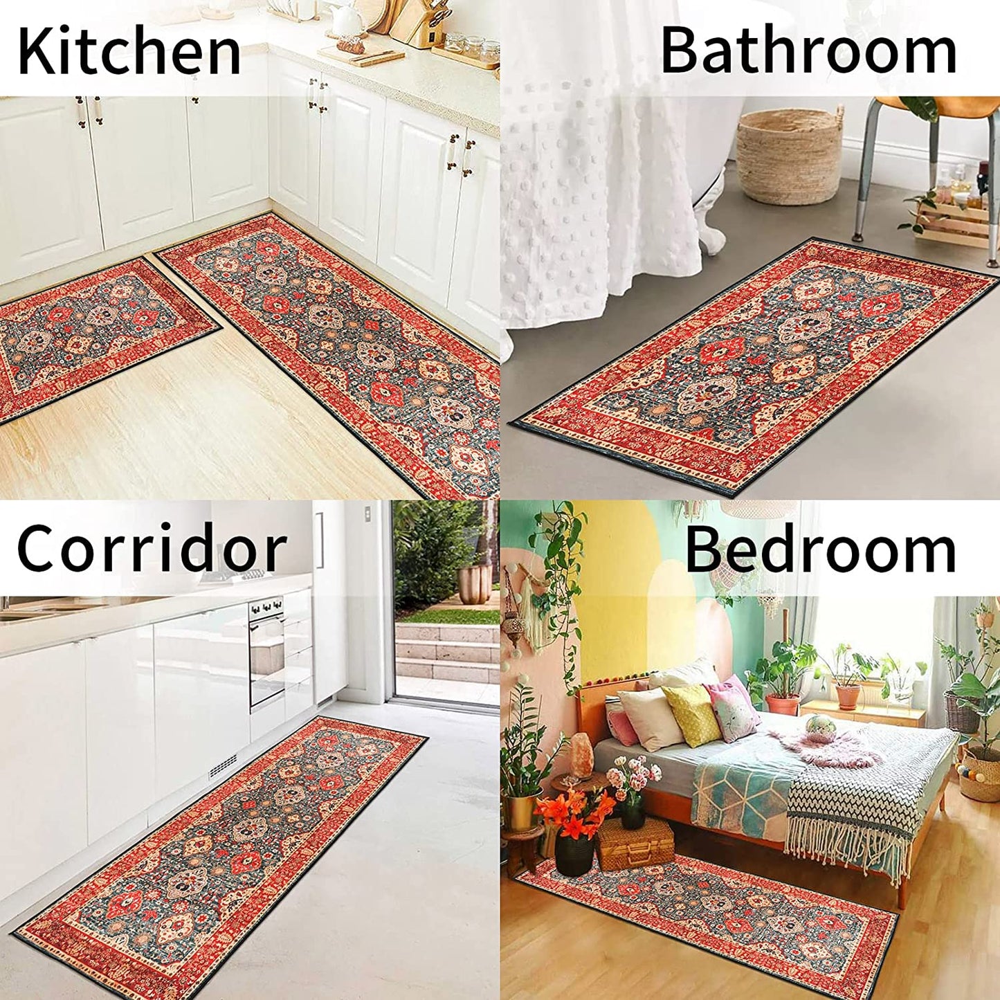 Set of 2 Non-Slip Bohemian Kitchen Runner Rug 63*19.7/31.5*19.7