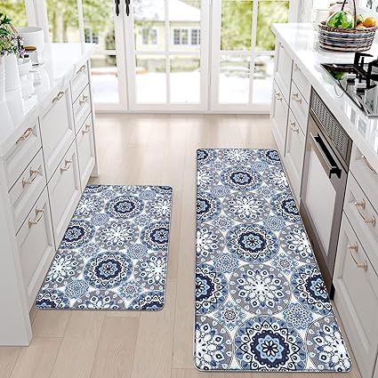 Set 2 Piece Cushioned Anti Fatigue Kitchen Mat Artistic, Rustic Kitchen Rugs and Mats No Skid Washable for Home, Waterproof Floor Comfort Mat PVC, 17" x 47" + 17" x 30"