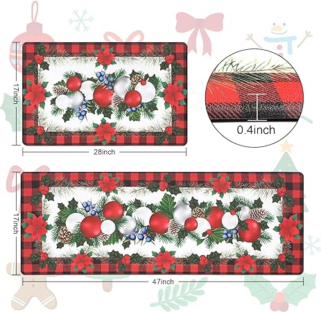 Set of 2 Buffalo Plaid Merry Christmas Anti Fatigue Cushioned Standing Desk Mat, 17"x47"+17"x28"