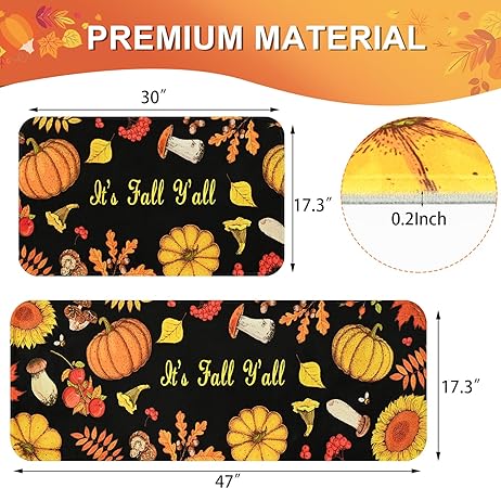 Thanksgiving Pumpkins Absorbent Washable Fall Kitchen Rug Set for Home, 17.3"x 30" +17.3"x 47"