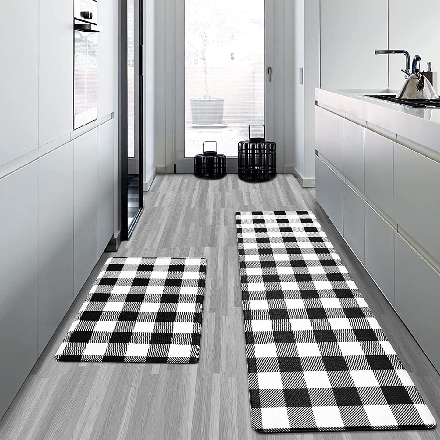 2 PCS Anti Fatigue Non Skid Waterproof Cushioned Black and White Kitchen Rugs