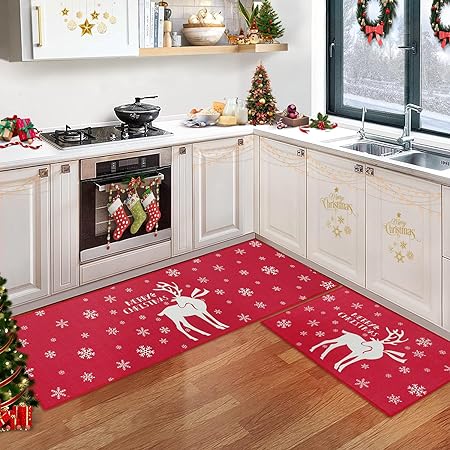 Washable Decorative Non Skid Christmas Kitchen Runner Mat, 17"x29"+17"x47"