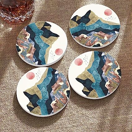 Round Drinks Absorbent Stone Coaster Set With Ceramic Stone and Cork Base (Forest, 4)