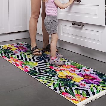 Machine Washable Wrinkle Free Coffee Cup Design Cotton 2 x 5 Kitchen Runner Rug (20" x 59", Beige)