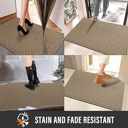 Absorbent Muddy Dirt Resist Welcome Door Mats Outdoor Indoor, Non-Slip Natural Rubber Backing Low Profile Doormat for Entryway, Patio, 30×17, Beige